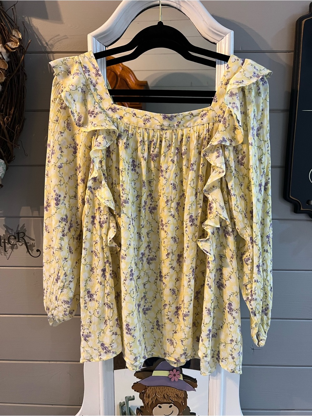 Yellow Floral Ruffle Peasant Blouse NWOT